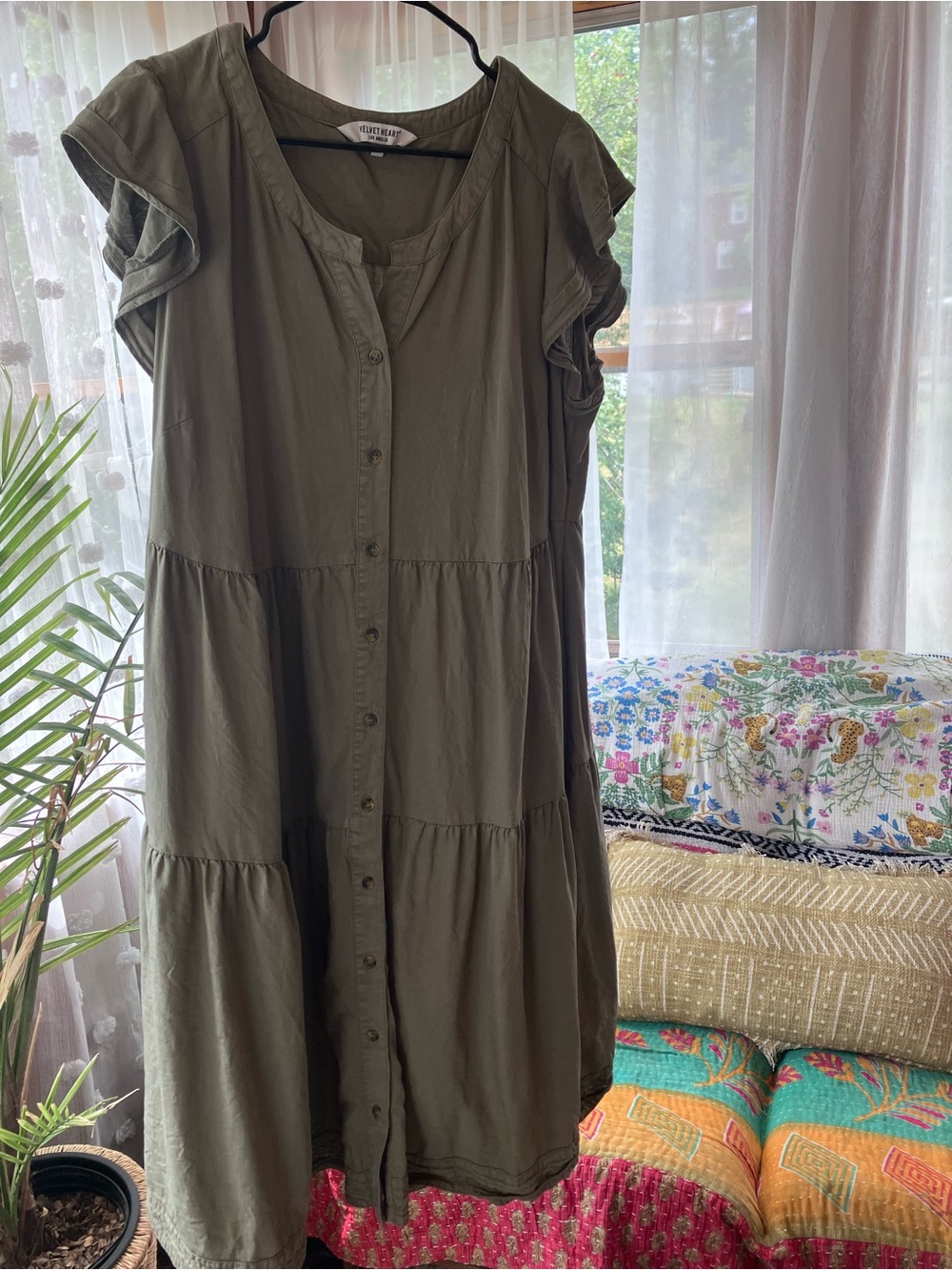 Velvet Heart Olive Button-Front Tiered Dress